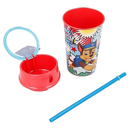 Pahar din plastic fără BPA cu pai și compartiment superior pentru alimente, 400 ml, Paw Patrol [1]