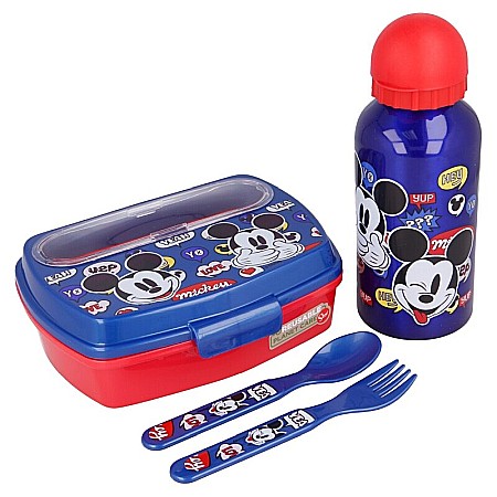 Set sticlă apă 400 ml din aluminiu și cutie sandwich cu tacâmuri, fără BPA, Disney, Mickey Mouse [1]
