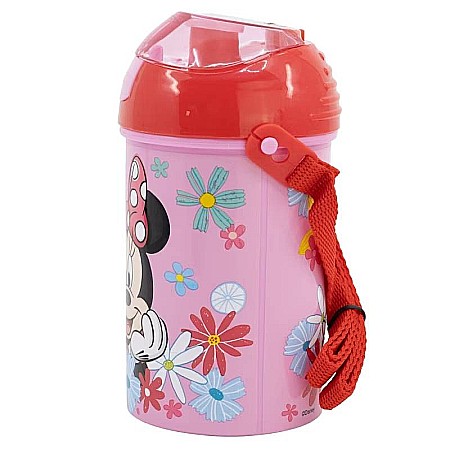 Copii - Sticlă plastic, Minnie Mouse Spring Look, cu pai și capac, 450 ml