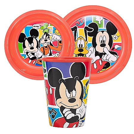 Pahare, farfurii și căni - Set 3 piese pentru servit masa, plastic, fără BPA, multicolor, Mickey Mouse, Disney