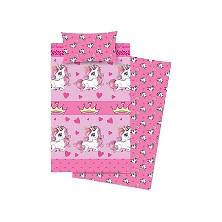 Textile - Set lenjerie de pat 3 piese, husă pilota 150x280 cm, cearceaf pat 90x200 și față pernă 52x82 cm, 100% bumbac, multicolor, Rainbow Unicorn