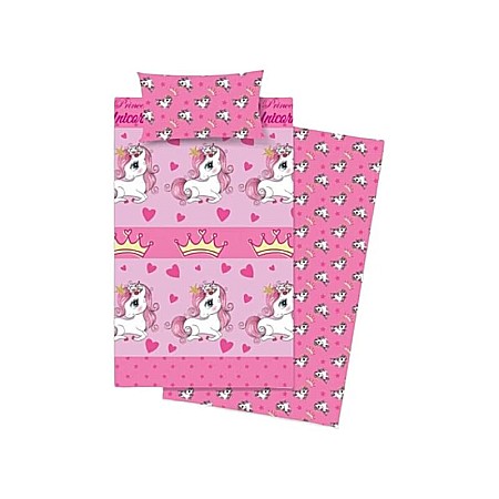 Lenjerii pat - Set lenjerie de pat 3 piese, husă pilotă 150x280 cm, cearceaf pat 90x200 și față pernă 52x82 cm, 100% bumbac, multicolor, Rainbow Unicorn.
