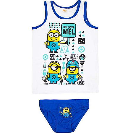 Copii - Set 2 piese, maiou și chiloți, 100% bumbac, alb/albastru, Minions