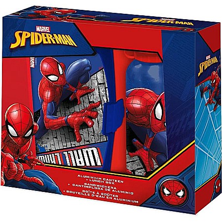 Copii - Set cutie sandwich plastic fără BPA și sticlă apă din aluminiu, 400 ml, multicolor, Spiderman
