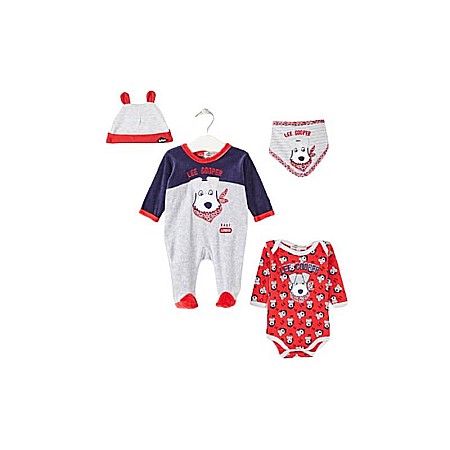 Body-uri și salopete copii - Set 4 piese, salopetă și body cu mânecă lungă, bavețică și căciulă, albastru, Lee Cooper