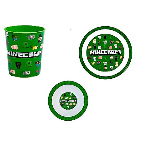 Pahare, farfurii și căni - Set trei piese, farfurie, bol și pahar, din plastic fară BPA, ce poate fi utilizat la mașina de spălat vase și microunde, multicolor, Minecraft