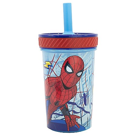 Copii - Pahar plastic, fără BPA, Smartgrip, anti-răsturnare cu păi din silicon, 370 ml, Spiderman