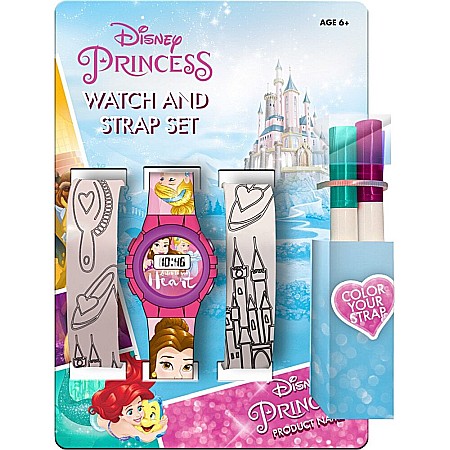 Ceasuri de mână - Set ceas digital pentru fetițe, cu două curele ce se pot colora și 4 carioci pentru colorat, Princess Disney
