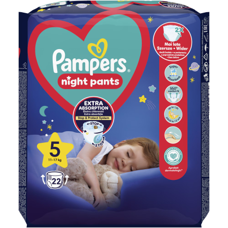 Scutece chiloțel de noapte Pampers Night Pants, numărul 5, 12-17 kg, 22 buc [1]