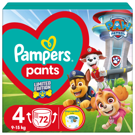 Scutece chiloțel Pampers Pants Active Baby Paw Patrol Edition, numărul 4, 9-15 kg, 72 buc [1]
