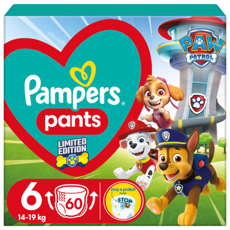 Scutece bebelusi - Scutece chiloțel Pampers Pants Active Baby Paw Patrol Edition, numărul 6, 14-19 kg, 60 buc