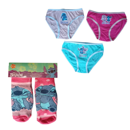Lenjerie intimă și șosete - Set 2 perechi șosete ABS, talpă antiderapantă și 3 perechi chiloți fete, 100% bumbac, roz, Happy, Stitch