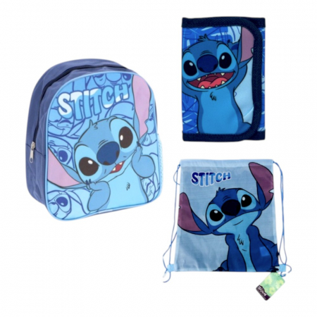 Ghiozdane și Rucsacuri - Set ghiozdan, 26x22x10 cm, sac sport si portofel, albastru, Stitch