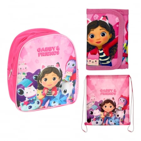 Ghiozdane și Rucsacuri - Set ghiozdan, 26x22x10 cm, sac sport si portofel, multicolor, Gabby's Dollhouse