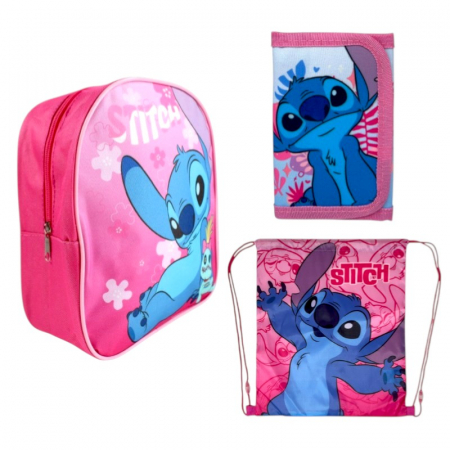 Ghiozdane și Rucsacuri - Set ghiozdan, 26x22x10 cm, sac sport si portofel, roz, Stitch