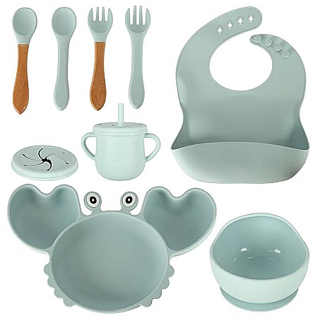 Set hrănire bebeluși și copii din silicon, 9 piese, Blue Homio, bavetă, farfurie compartimentată, bol cu ventuză, pahar cu capac, tacâmuri, ideal pentru diversificare, fără alergeni [0]