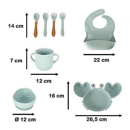 Set hrănire bebeluși și copii din silicon, 9 piese, Blue Homio, bavetă, farfurie compartimentată, bol cu ventuză, pahar cu capac, tacâmuri, ideal pentru diversificare, fără alergeni [1]