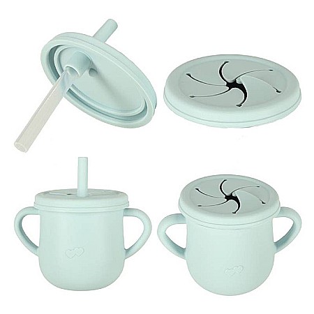 Set hrănire bebeluși și copii din silicon, 9 piese, Blue Homio, bavetă, farfurie compartimentată, bol cu ventuză, pahar cu capac, tacâmuri, ideal pentru diversificare, fără alergeni [2]