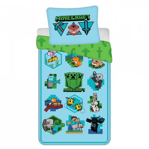 Set lenjerie de pat, 2 piese, reversibila, 100% bumbac, 140 x 200 cm, 70 x 90 cm, multicolor, Icon, Minecraft