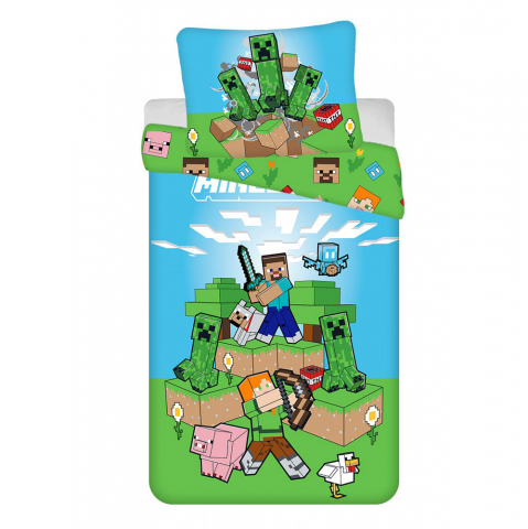 Set lenjerie de pat, 2 piese reversibila, 100% bumbac, 140 x 200 cm, 70 x 90 cm, multicolor, Power, Minecraft