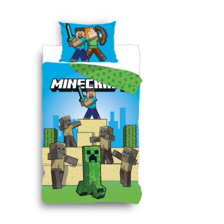 Lenjerii pat - Set lenjerie de pat 2 piese, reversibila, 140x200 cm, 65x65 cm, multicolor, Minecraft