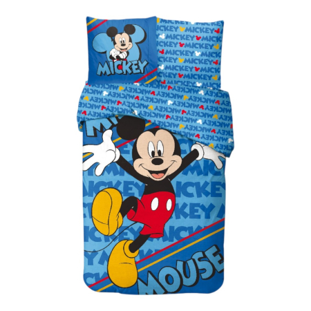 Textile - Set lenjerie pat, 100% bumbac, 2 piese, 140x200 cm, 65x65 cm, albastru, Happy, Mickey Mouse
