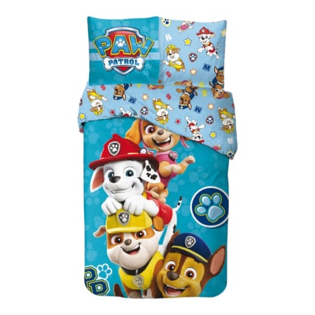 Lenjerii pat - Set lenjerie pat, 100% bumbac, 2 piese, 140x200 cm, 65x65 cm, albastru, Happy, Paw Patrol