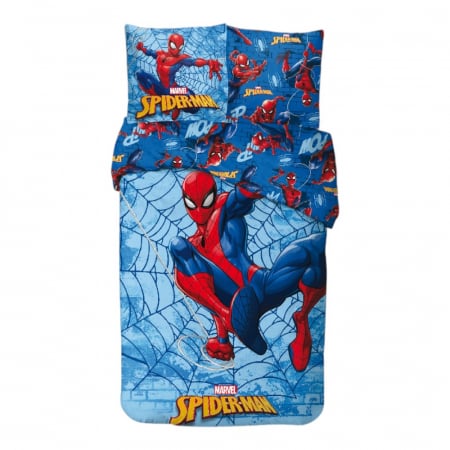 Lenjerii pat - Set lenjerie pat, 100% bumbac, 2 piese, 140x200 cm, 65x65 cm, albastru, Happy, Spiderman