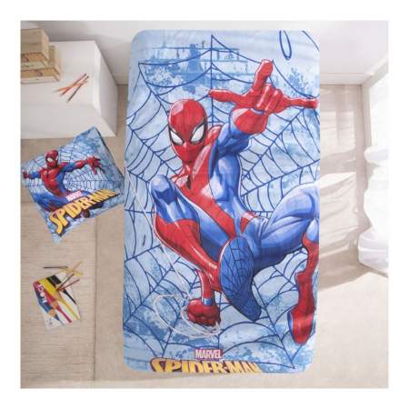 Set lenjerie pat, 100% bumbac, 2 piese, 140x200 cm, 65x65 cm, albastru, Happy, Spiderman [1]