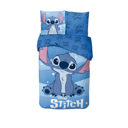 Lenjerii pat - Set lenjerie pat, 100% bumbac, 2 piese, 140x200 cm, 65x65 cm, albastru, Happy, Stitch