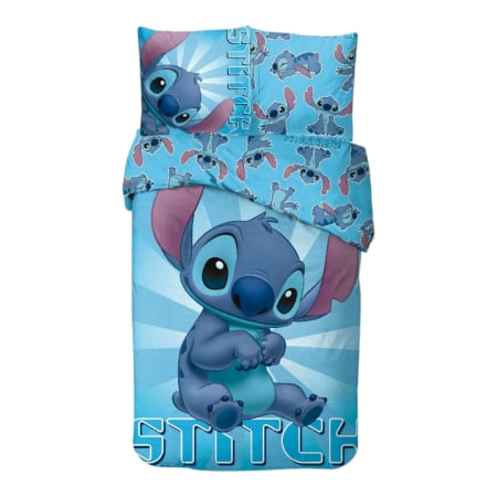 Textile - Set lenjerie pat, 100% bumbac, 2 piese, 140x200 cm, 65x65 cm, albastru, Happy, Stitch, Disney