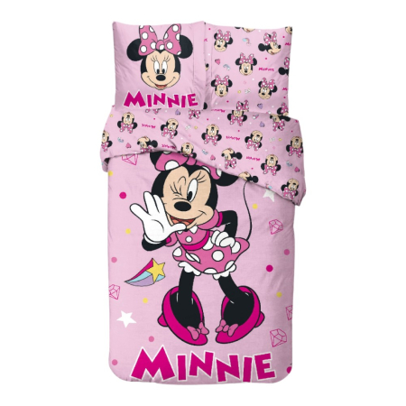 Lenjerii pat - Set lenjerie pat, 100% bumbac, 2 piese, 140x200 cm, 65x65 cm, roz, Happy, Minnie Mouse