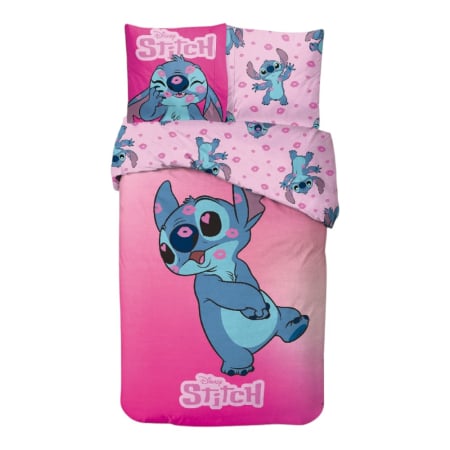 Textile - Set lenjerie pat, 100% bumbac, 2 piese, 140x200 cm, 65x65 cm, roz, Happy, Stitch