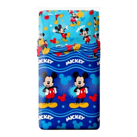 Lenjerii pat - Set lenjerie pat, 3 piese, husa saltea 105x200 cm, cearceaf pat 180x280 cm, fata perna 50x70 cm, multicolor, Mickey Mouse