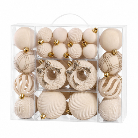 Decorațiuni de Crăciun - Set ornamente catifelate de Crăciun crem 46 bucăți