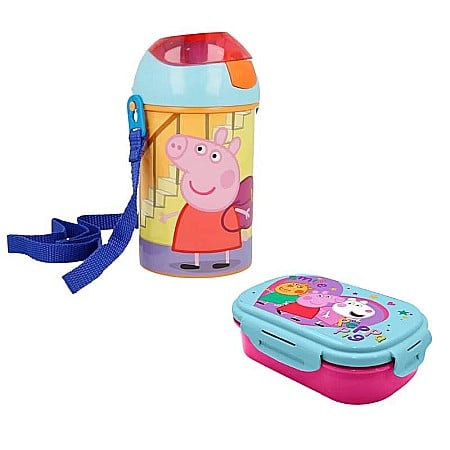 Copii - Set sticlă apă 450 ml și cutie sandwich cu tacâm, Homio, plastic fără BPA, multicolor, Peppa Pig