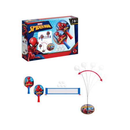 Jocuri sportive pentru copii - Set Ping-Pong pentru copii, 2 palete de tenis, 5 mingi, fileu cu ventuze, bază cu tijă flexibilă, multicolor, Spiderman