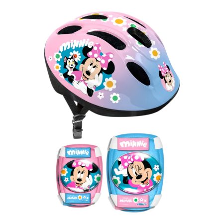 Set protecție pentru copii, cască cu mărime reglabilă, genunchiere și cotiere, multicolor, 3-6 ani, Minnie Mouse