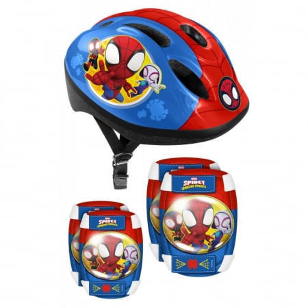 Set protectie pentru copii, casca cu marime reglabila, genunchiere si cotiere, multicolor, 3-6 ani, Spidey