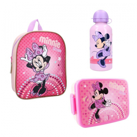 Ghiozdane și Rucsacuri - Set rucsac copii, 29x22x9 cm, sticla apa din aluminiu 500 ml si cutie sandwich 16x13x5 cm, din plastic fara BPA, Minnie Mouse