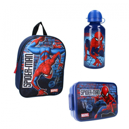 Ghiozdane și Rucsacuri - Set rucsac copii, 29x22x9 cm, sticla apa din aluminiu 500 ml si cutie sandwich 16x13x5 cm, din plastic fara BPA, Spiderman