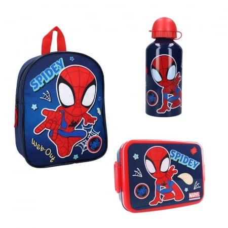 Ghiozdane și Rucsacuri - Set rucsac copii, 29x22x9 cm, sticla apa din aluminiu 500 ml si cutie sandwich 16x13x5 cm, din plastic fara BPA, Spidey
