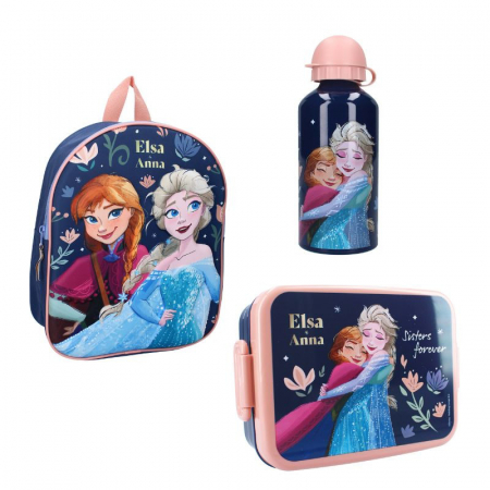 Ghiozdane și Rucsacuri - Set rucsac copii 3D, 29x22x9 cm, sticla apa din aluminiu 500 ml si cutie sandwich 16x13x5 cm, din plastic fara BPA, Frozen