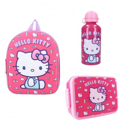 Ghiozdane și Rucsacuri - Set rucsac copii 3D, 29x22x9 cm, sticla apa din aluminiu 500 ml si cutie sandwich 16x13x5 cm, din plastic fara BPA, Hello Kitty