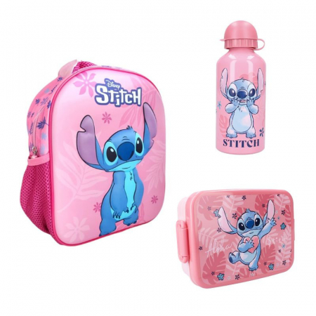 Ghiozdane și Rucsacuri - Set rucsac copii 3D, 29x22x9 cm, sticla apa din aluminiu 500 ml si cutie sandwich 16x13x5 cm, din plastic fara BPA, Stitch