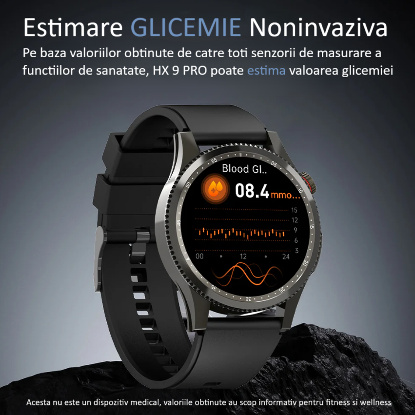 Ceas SmartWatch ZENARK® HX 9 PRO, Ecran AMOLED Ultra HD 4K, Monitorizare Glicemie, ECG, Ritm cardiac 24H, Somn, Oxigen sange, Temperatura corporala, Tensiune arteriala, Respiratie, Analiza sange, Evaluare rapida 30 Sec, Notificari, Apel, SMS, Negru [6]