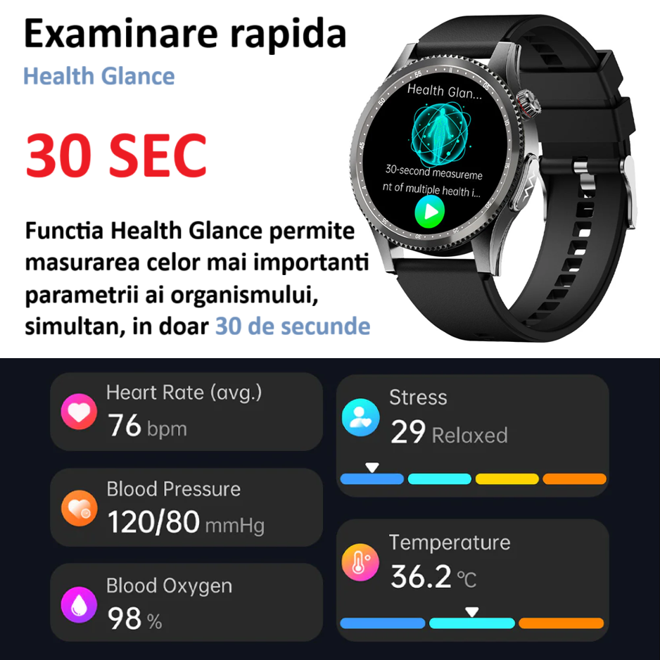 Ceas SmartWatch ZENARK® HX 9 PRO, Ecran AMOLED Ultra HD 4K, Monitorizare Glicemie, ECG, Ritm cardiac 24H, Somn, Oxigen sange, Temperatura corporala, Tensiune arteriala, Respiratie, Analiza sange, Evaluare rapida 30 Sec, Notificari, Apel, SMS, Negru [8]