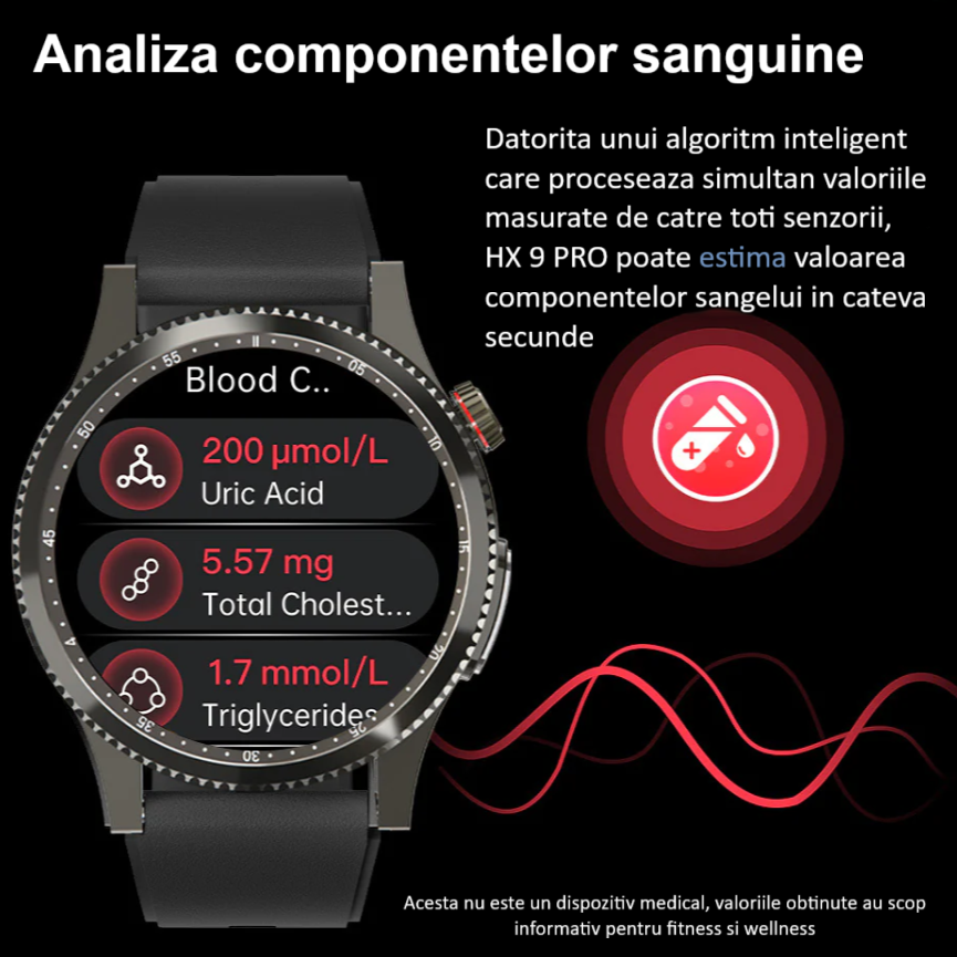Ceas SmartWatch ZENARK® HX 9 PRO, Ecran AMOLED Ultra HD 4K, Monitorizare Glicemie, ECG, Ritm cardiac 24H, Somn, Oxigen sange, Temperatura corporala, Tensiune arteriala, Respiratie, Analiza sange, Evaluare rapida 30 Sec, Notificari, Apel, SMS, Negru [10]
