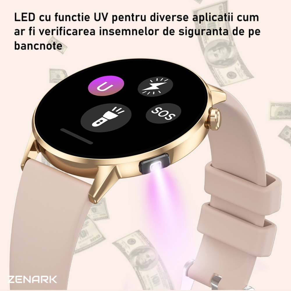 Ceas SmartWatch ZENARK® Dbit 8, 2 Bratari, Ecran 1.32 inch AMOLED Ultra HD 4K, Functii sanatate, Sporturi multiple, Lanterna, Auriu [14]