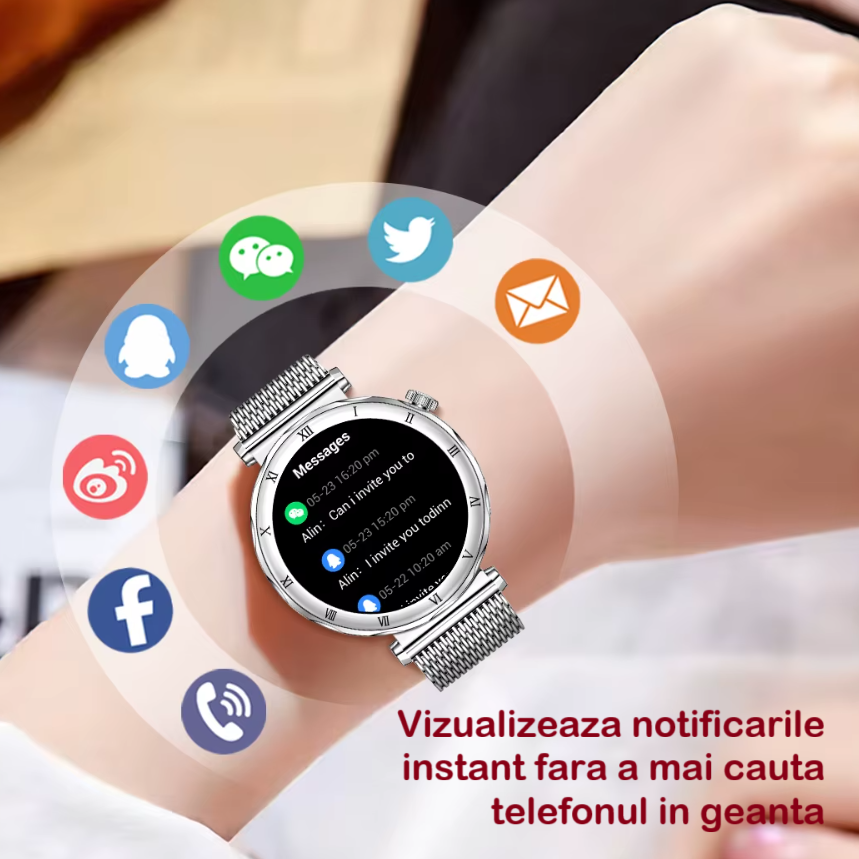 Ceas Smartwatch Dama ZENARK® i22 PRO, SUPER AMOLED, Silver/White [5]